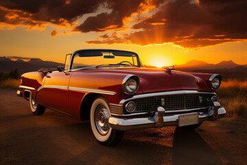 Classic 1950s convertible car under a golden sunset, Generative AI