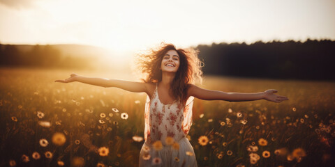 Beautiful smiling carefree woman with opened arms in a meadow