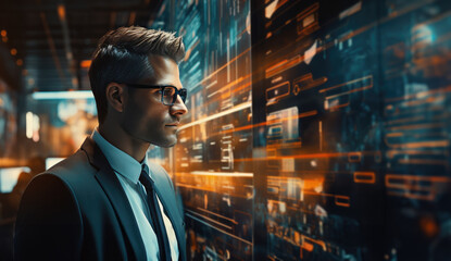 Fototapeta premium Business man with glasses in front of multi channel screens