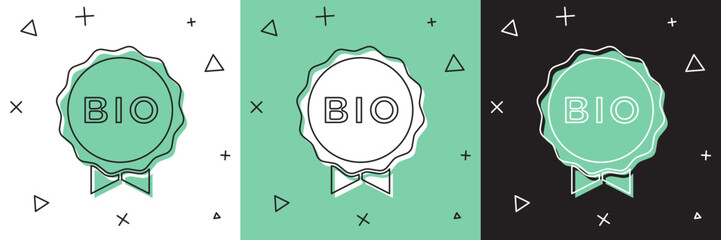 Set Banner, label, tag, logo for bio green healthy food icon isolated on white and green, black background. Organic product. Healthy food sticker. Vector
