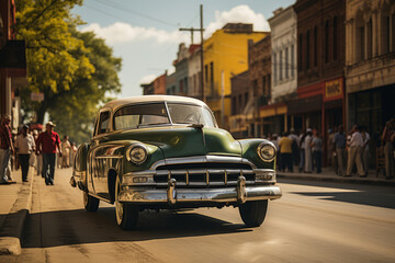Vintage car parade during a hometown festival, Generative AI