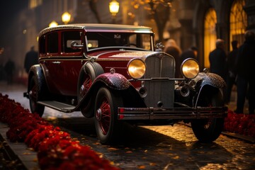  Vintage limousine arriving at a glamorous red carpet event, Generative AI