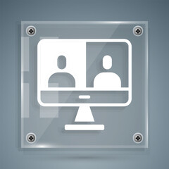 White Video chat conference icon isolated on grey background. Computer with video chat interface active session on screen. Square glass panels. Vector