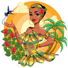 Caribbean girl wearing Traditional Dress with Beautiful Hummingbird and Hibiscuses Flowers Vector Illustration