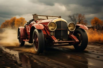 Zelfklevend Fotobehang Vintage racing car in action on a historic racetrack, Generative AI. © Shooting Star Std