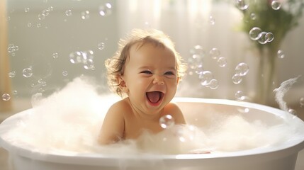 Happy baby laughing in bathtub - obrazy, fototapety, plakaty