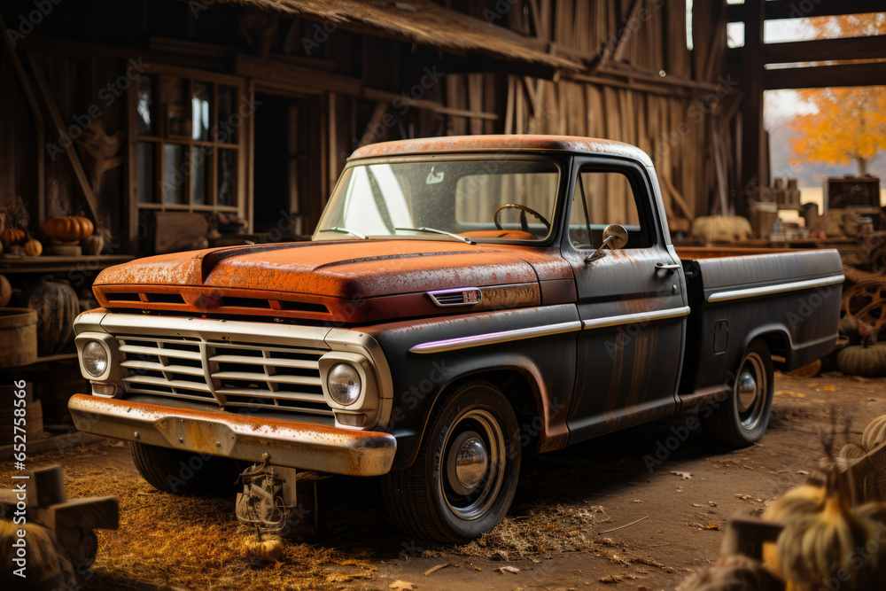 Wall mural weathered vintage pickup truck in a rustic farm setting, generative ai