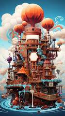 Fototapeta na wymiar Fantastical Steampunk Coffee Factory in Digital Art