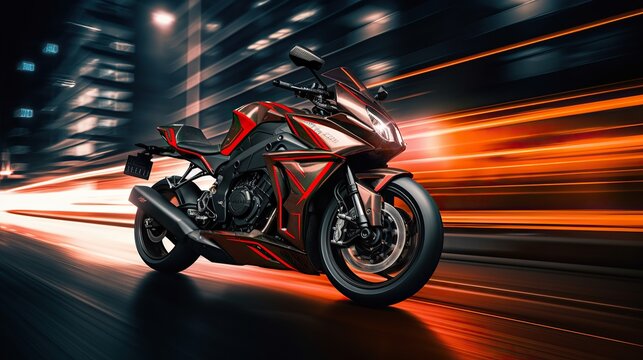EBR racing motorcycle with abstract long exposure dynamic speed light trails in an urban environment city, nopeople autor riding, Generative AI