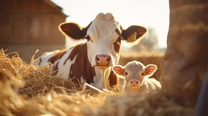 Fotobehang Cow and newborn calf lying in straw at cattle farm. Domestic animals husbandry and reproduction. © Ziyan Yang