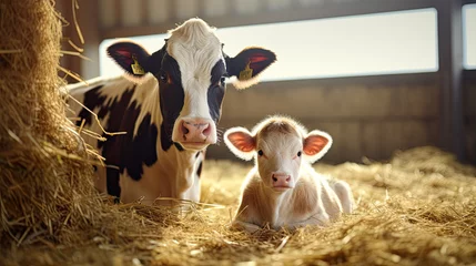 Gordijnen Cow and newborn calf lying in straw at cattle farm. Domestic animals husbandry and reproduction. © Ziyan Yang