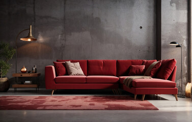 Dark Red Velvet Sofa near Concrete Wall, Modern Living Room, using Generative Ai