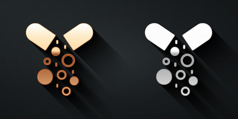 Gold and silver Poisoned pill icon isolated on black background. Pill with toxin. Dangerous drug. Long shadow style. Vector