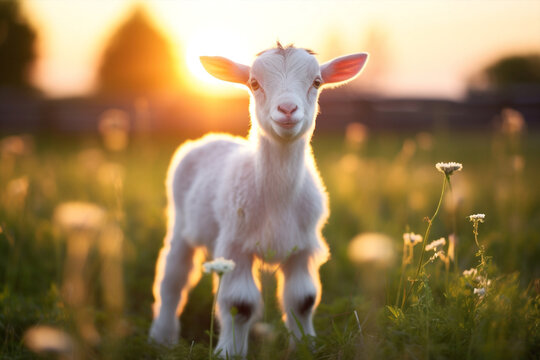 Sun rural domestic cute animals grass green sunset baby landscape goat summer farming
