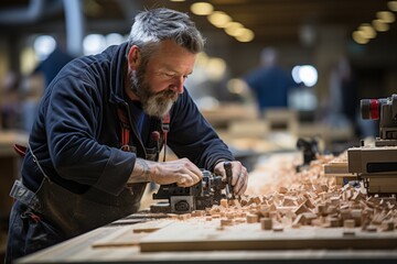 Carpenter with a woodworking project in progress, Generative AI
