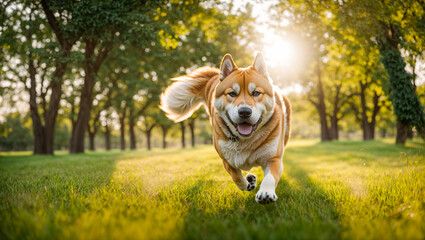 Dog Akita Inu breed, close-up, runs through the park