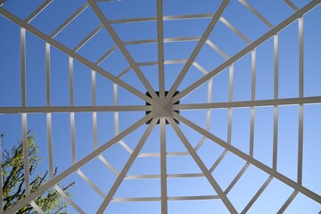 Low-angle view of a skylight ceiling in a cobweb style found inside a building