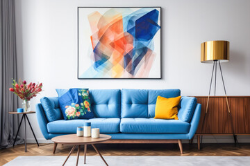 Mid-century modern design with a large blue sofa with cushions against wall with art poster. Mid-century style home interior design of modern living room. 