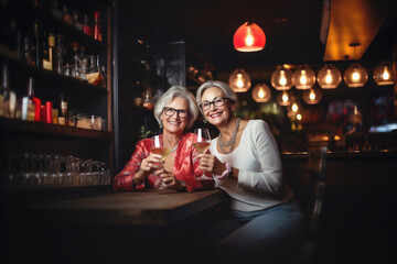 Lady's night out, two middle aged female friends celebrating birthday in bar with white wine