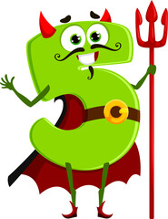 Halloween cartoon number 5 character in devil costume for holiday horror night, vector funny monster. Number five Halloween emoticon in costume with devil horns and trident for kids trick or treat