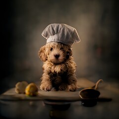 mini Goldendoodle puppy as a chef photo realistic cinematic shot photos taken by ARRI photos taken by sony photos taken by canon photos taken by nikon photos taken by sony photos taken by hasselblad 