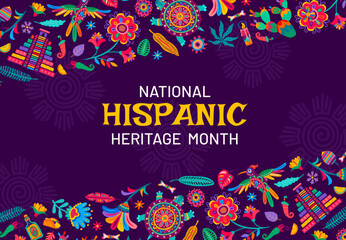 National hispanic heritage month banner with alebrije pattern. Vector festive background for annual hispanic traditional event with tropical flowers, birds or pyramid, bones, jalapeno and cacti plants
