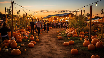 pumpkins on a pumpkin patch farm autumn fall festival with lights  - Powered by Adobe