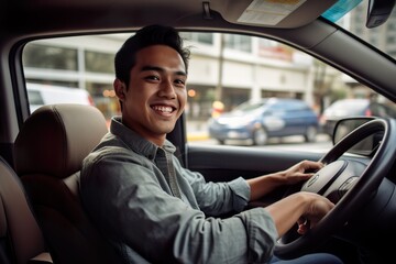 Smiling Young Southeast Asian Man Behind the Wheel of a Car. Generative AI