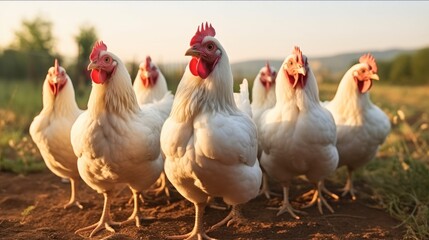 Group of chickens standing in field.