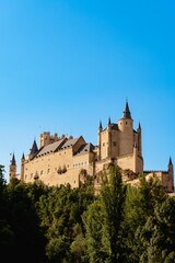 Fototapeta na wymiar Historic Alcazar Castle surrounded by green trees in Segovia, Spain