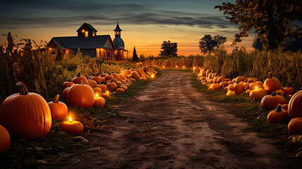 pumpkins on a pumpkin patch farm autumn fall festival with lights  - obrazy, fototapety, plakaty