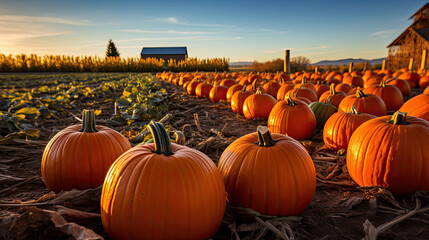 pumpkins on a pumpkin patch farm autumn fall festival with lights  - obrazy, fototapety, plakaty