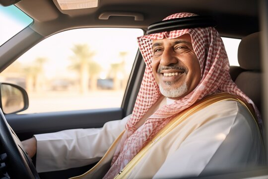 Smiling Arab Man Behind the Wheel of a Car. Generative AI