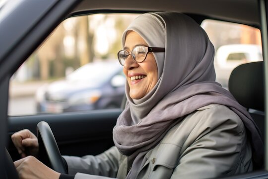 Smiling Arab Woman Behind the Wheel of a Car. Generative AI