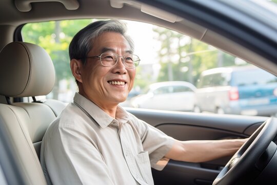 Smiling Asian Man Behind the Wheel of a Car. Generative AI