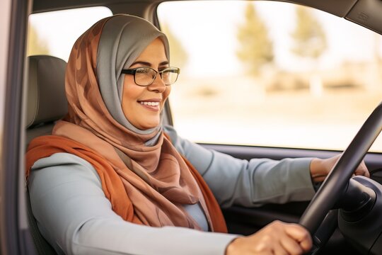 Smiling Arab Woman Behind the Wheel of a Car. Generative AI