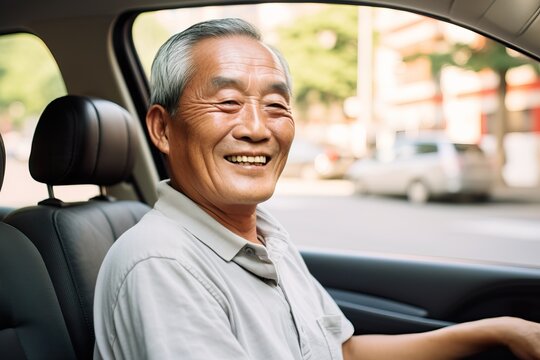Smiling Asian Man Behind the Wheel of a Car. Generative AI