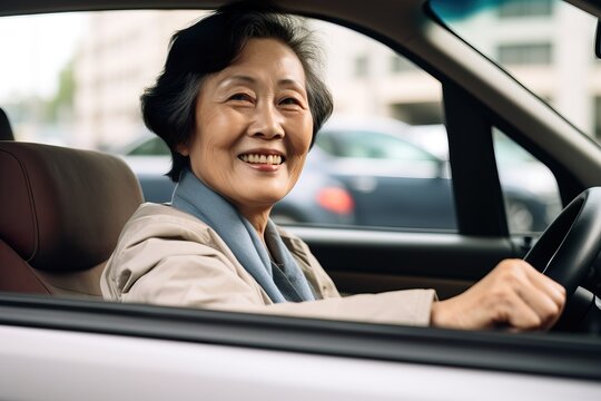  Smiling Asian Woman Behind the Wheel of a Car. Generative AI