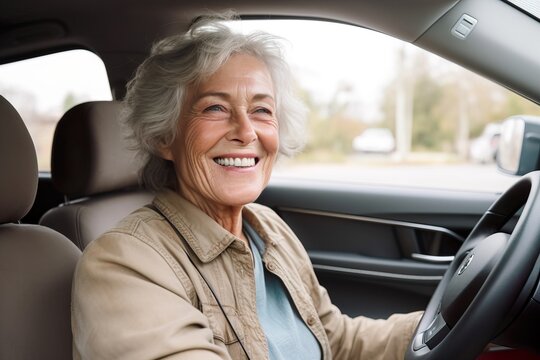 Smiling Caucasian Woman Behind the Wheel of a Car. Generative AI