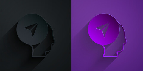 Paper cut Map marker with a silhouette of a person icon isolated on black on purple background. GPS location symbol. Paper art style. Vector