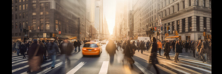 Blurred Busy street scene with crowds of people walking across an intersection in New York City. Generative Ai - Powered by Adobe
