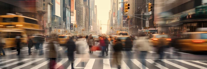 Fotobehang Blurred Busy street scene with crowds of people walking across an intersection in New York City. Generative Ai © tong2530