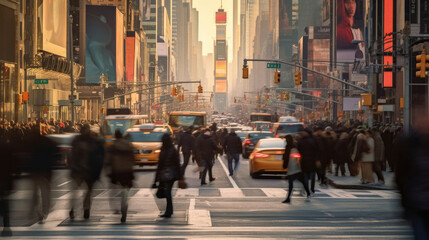 Blurred Busy street scene with crowds of people walking across an intersection in New York City....