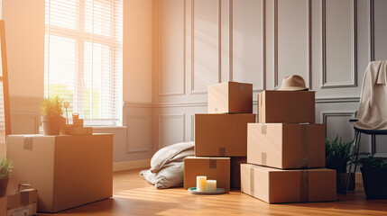 Cardboard boxes and cleaning things for moving into a new home. Move home concept. Generative Ai