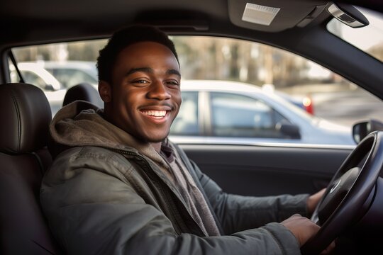  Smiling Young African Man Behind the Wheel of a Car. Generative AI