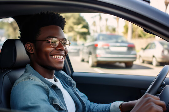 Smiling Young African Man Behind the Wheel of a Car. Generative AI