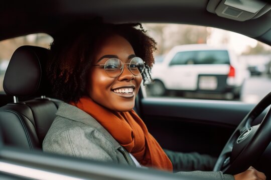 Happy African Woman Driving a Car. Generative AI