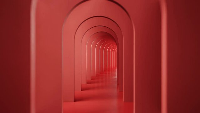 3D animation of an endless arched red tunnel