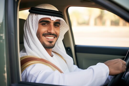  Smiling Young Arab Man Behind the Wheel of a Car. Generative AI