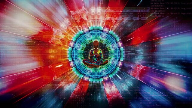 Animation of a meditating alien with a psychedelic background